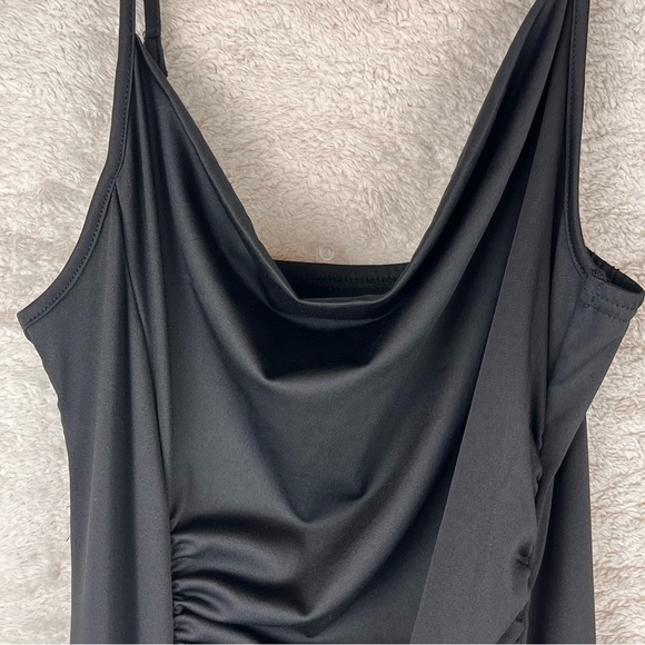 Slinky Black Ruched Dress Cowl Neck Maxi Medium Adjustable Spaghetti Straps - Picture 11 of 16